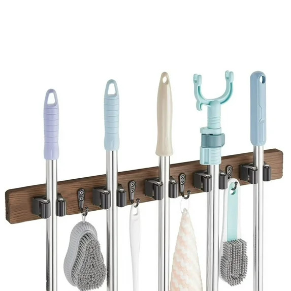 Mop and Broom Holder Wall Mount - Rustic Wood Broom Mop Hanger - Wall Mounted Garden Tool Rack Or... | Walmart (US)