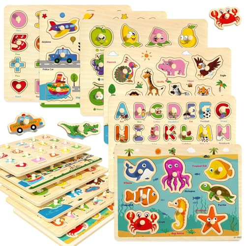 edutree Wooden Peg Puzzles for Toddlers 2-4, 6 Pack Educational Peg Puzzles Montessori Toys, Learning Puzzles for Kids Girs Boys 1-3 3-5 with Alphabet Number Animal Vehicle Shape | Amazon (US)