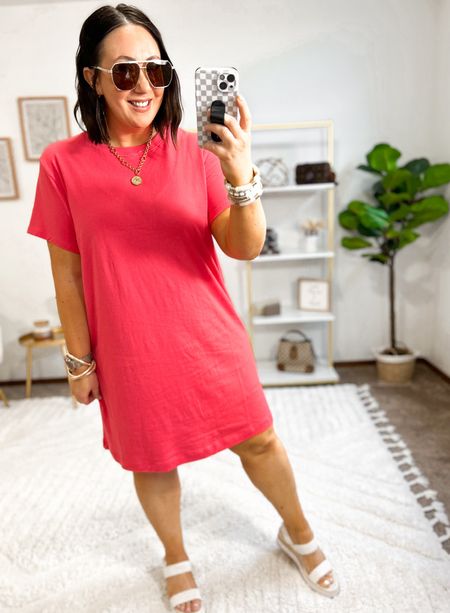 New $9.98 shirt dress from Walmart!  Sized up to an xl in mine. Love this bright color for spring and summer!  Sandals fit tts. Super comfortable!  

#LTKSeasonal #LTKfindsunder50 #LTKmidsize