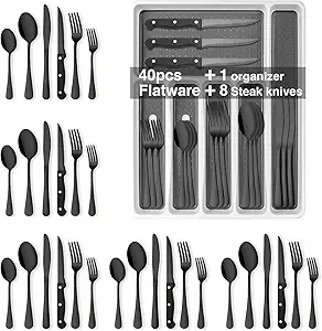 48-Piece Black Silverware Set with Steak Knives, AIVIKI Black