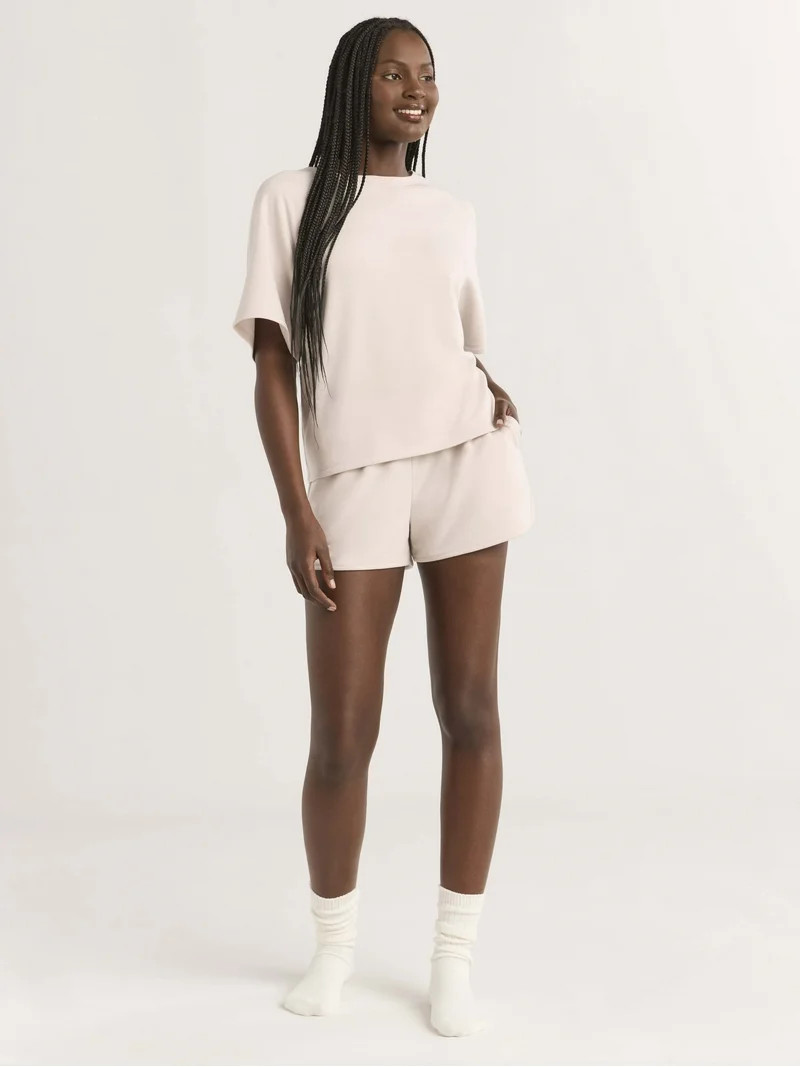 Joyspun Women's French Terry Short Sleeve Top and Shorts Set, 2-Piece, Sizes XS-3X | Walmart (US)