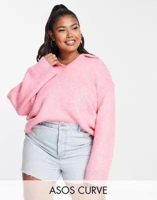 ASOS DESIGN Curve chunky sweater with open collar in pink | ASOS (Global)