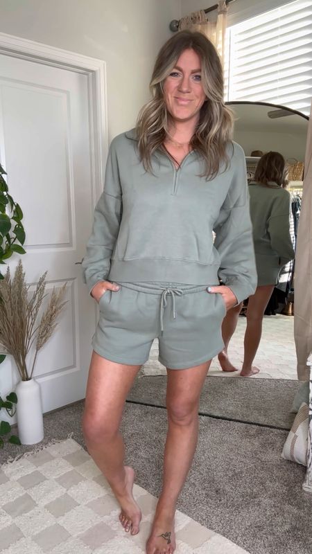 Matching lounge set
Large top, medium shorts. Also comes in hoodie, pullover and 2 diff types of sweatpants

First outfit - medium tank, 31 long jeans (sized up for a more relaxed fit but can stay tts) also comes in curve love and extra long length! 

#LTKVideo #LTKmidsize #LTKstyletip