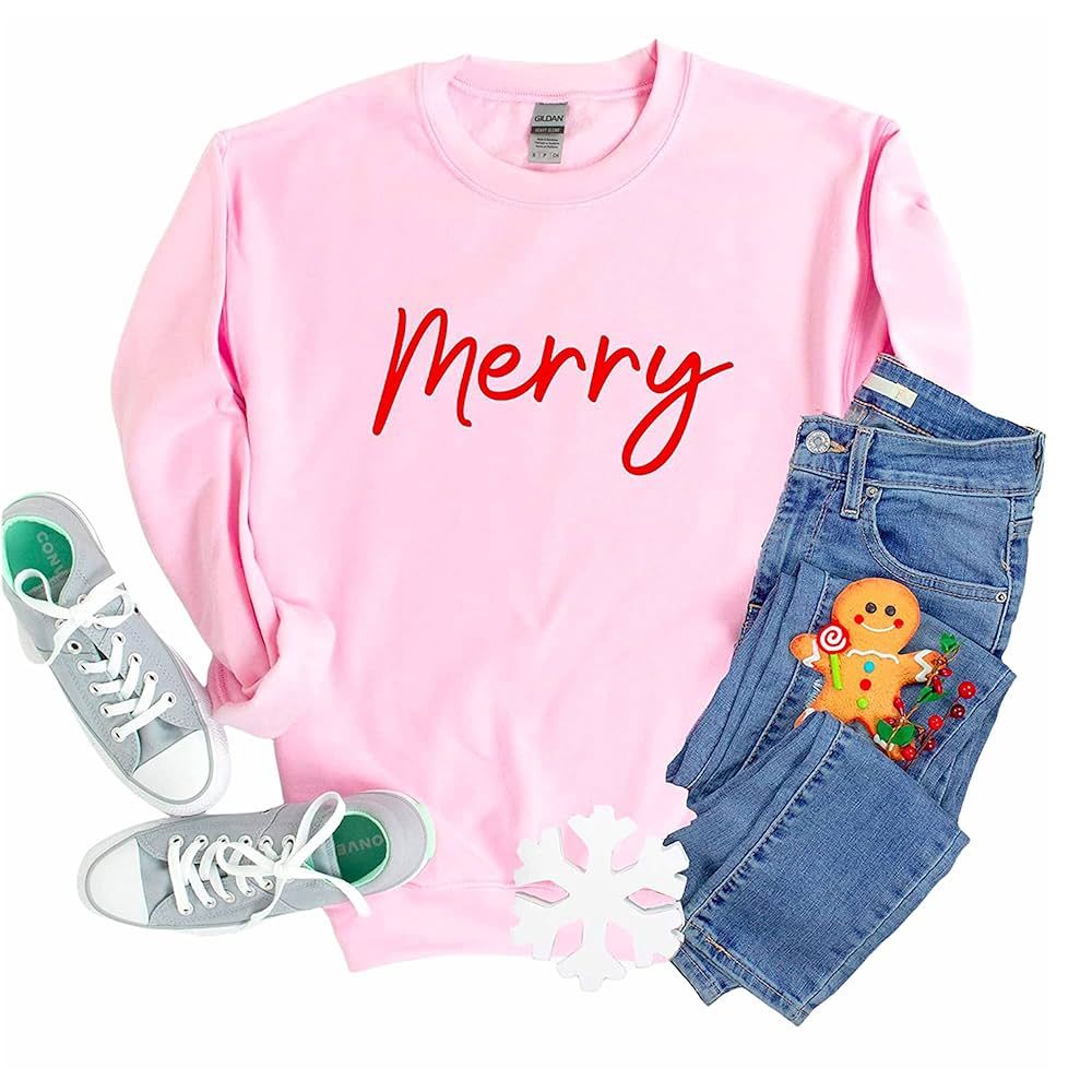 Cute Merry Cozy Christmas Sweater,Pink Christmas Sweatshirts for Woman, Cute Christmas Outfits, C... | Amazon (US)