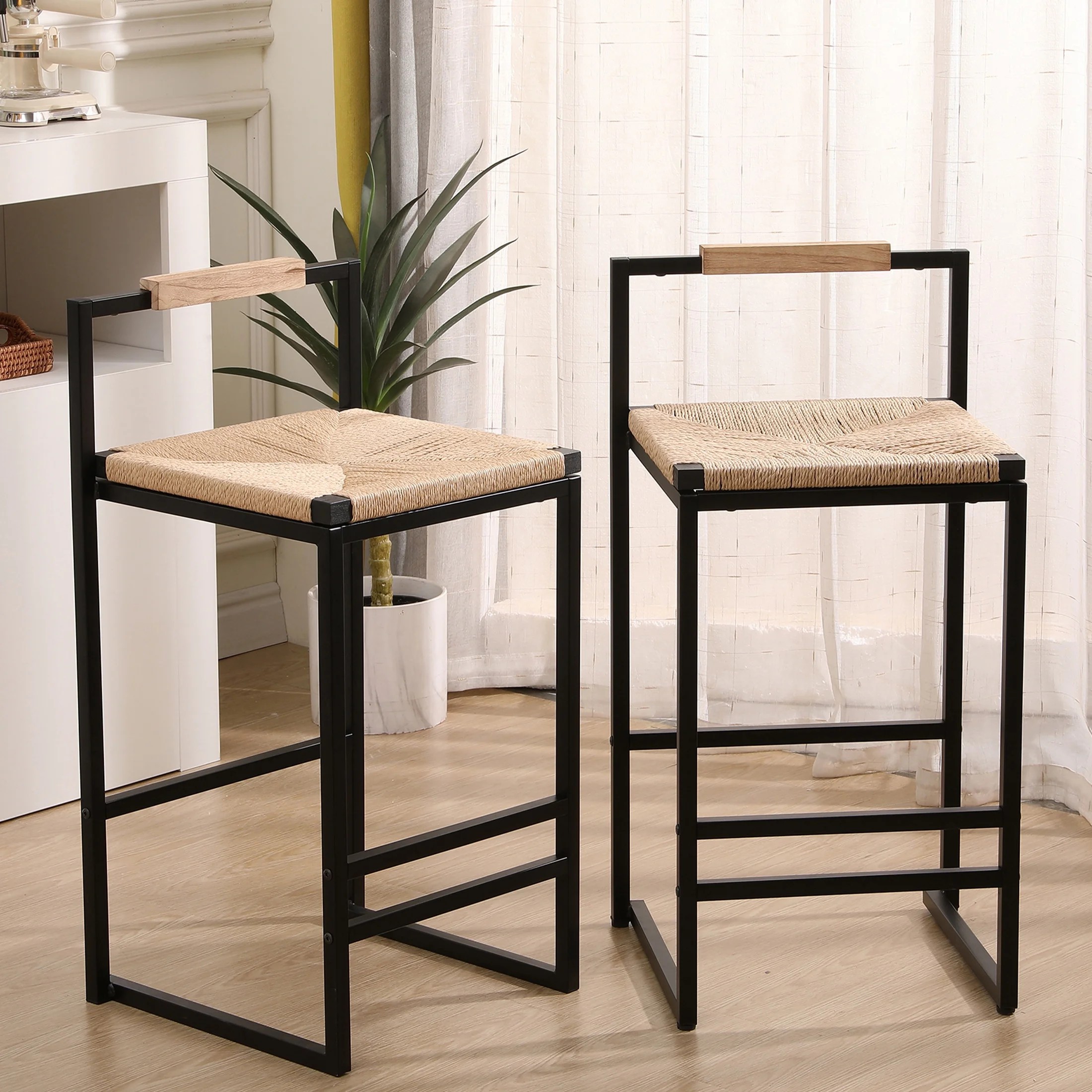 SYNGAR Bar Stools Set of 2 Counter Height, Woven Bar Stools with Low Backrest for Living Room, Ki... | Walmart (US)