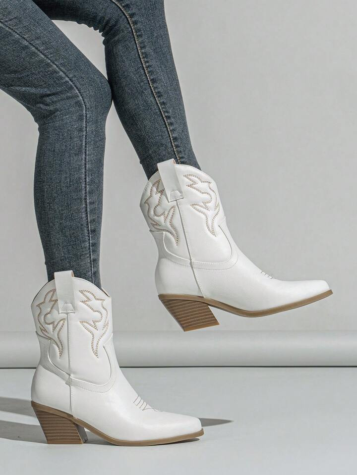 Women's White Boots, Autumn/Winter Western Style Booties, Ankle Boots And Short Boots With Embroi... | SHEIN