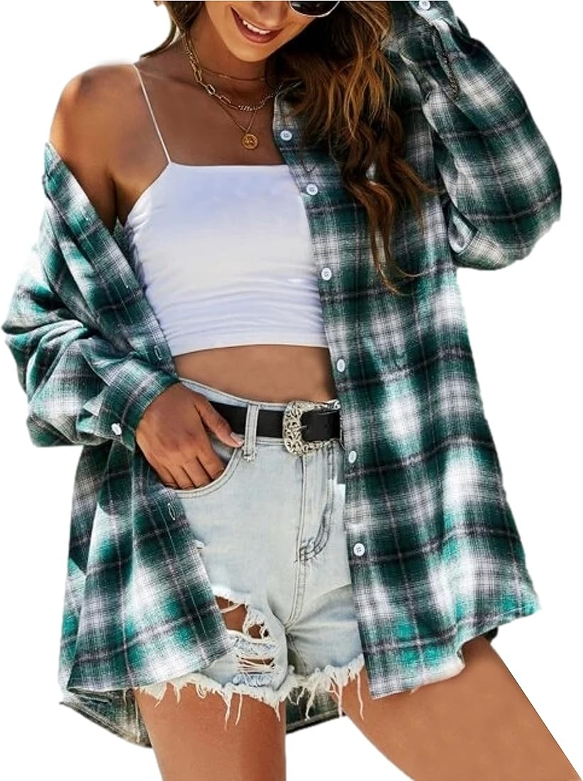 HangNiFang Womens Flannel Plaid Shirts Oversized Button Down Shirts Blouse Tops | Amazon (US)