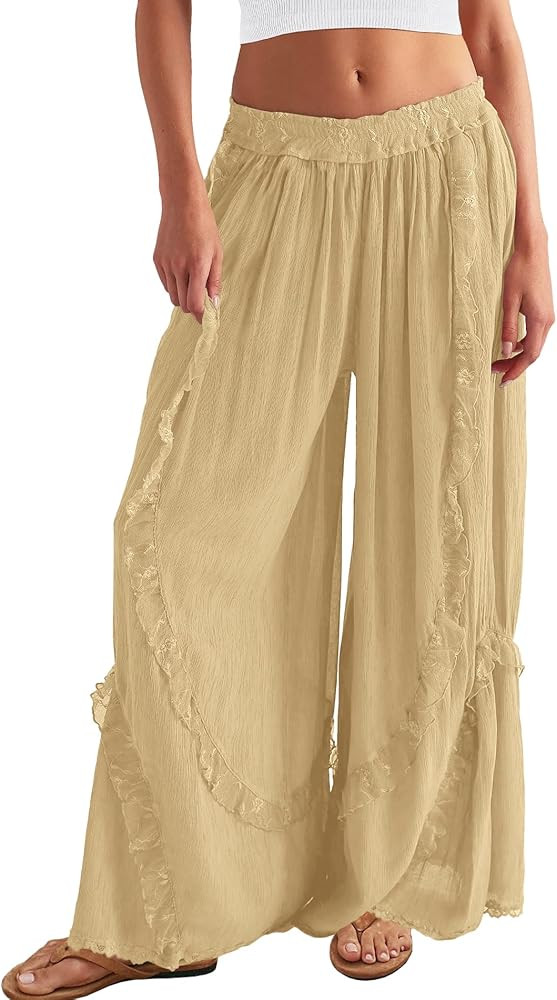 Yanekop Womens Flowy Lace Pants Wide Leg Palazzo Pants | Amazon (US)