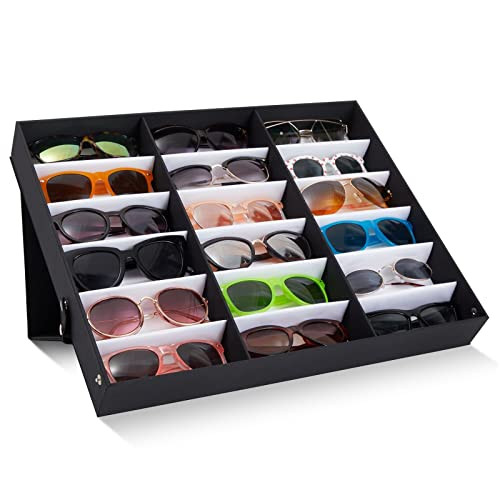 Juvale 18-Slot Sunglass Organizer & Sunglasses Case - Black 18.7 x 14.9 x 2.4 in - Eyeglass Holder & Glass Display Box for Desk & Vanity - Travel Storage Organizer & Watch Storage Box | Amazon (US)
