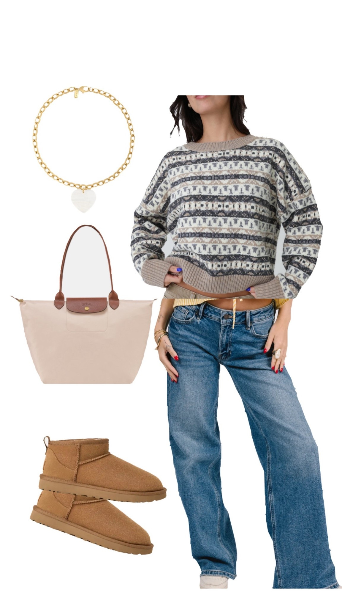 fall, fall sweaters, sweaters, neutral sweaters, fall outfits, autumn outfit inspo, jeans, wide leg jeans, ugg minis, cozy outfits, cream longchamp, gold jewelry, girly outfits