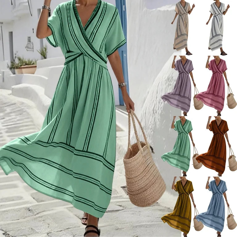 LEKWK Resort Dresses for Women Striped Short Sleeve V Neck Easter Dresses Wrap Summer Boho Vacati... | Walmart (US)