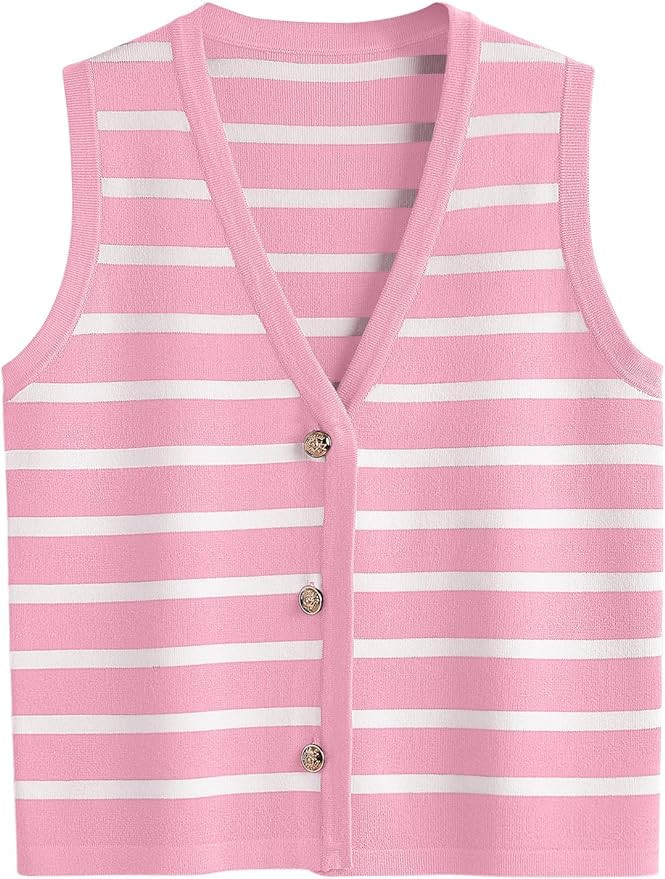 LILLUSORY Summer Vest Tops for Women 2025 Striped Sweater Vests Vacation Button Up Outfits Spring... | Amazon (US)