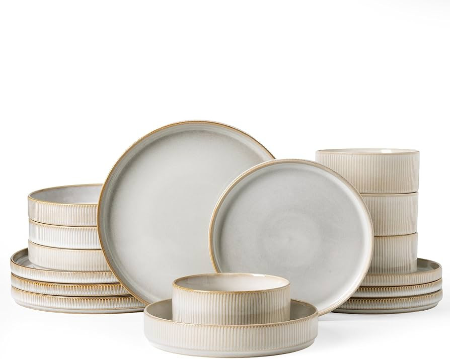 Famiware Star Dinnerware Set with Pasta Bowls, Service for 4 (16pcs), Ribbed Stoneware Plates and... | Amazon (US)