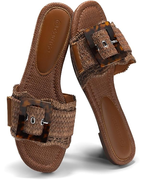 Coutgo Womens Flat Sandals Raffia Slip On Slide Sandal Square Open Toe Buckle Summer Beach Shoes ... | Amazon (US)