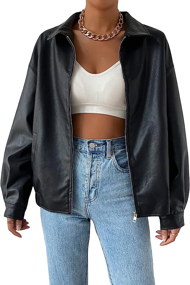 MakeMeChic Women's Faux Leather Shacket Long Sleeve Button Down Motorcycle Jacket Biker Coat | Amazon (US)