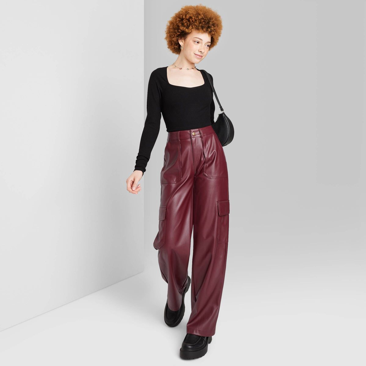 Women's High-Rise Straight Leg Faux Leather Cargo Pants - Wild Fable™ Burgundy XS | Target