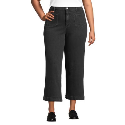 Lands' End Women's Plus Size Soft Denim High Rise Wide Leg Patch Pocket Crop Jeans - 20W - Black Stone Wash | Target