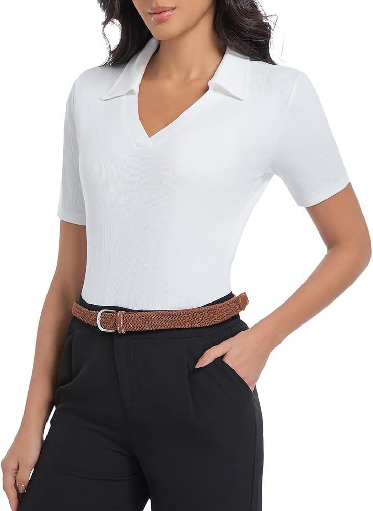 Womens Short Sleeve Business Casual Bodysuit 2025 Tops Summer V Neck Polo Work Shirts Fitted Basi... | Amazon (US)