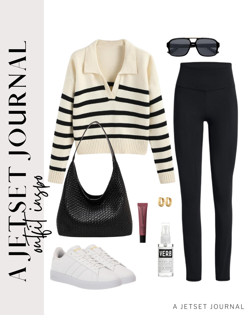 If the weather is not too cold, you can go with a pair of striped polo sweater and high-waisted leggings. For the footwear, I love styling it with Adidas tennis shoes and aviator sunnies from SOJOS. 

 #LTKSeasonal #LTKSaleAlert #LTKTravel