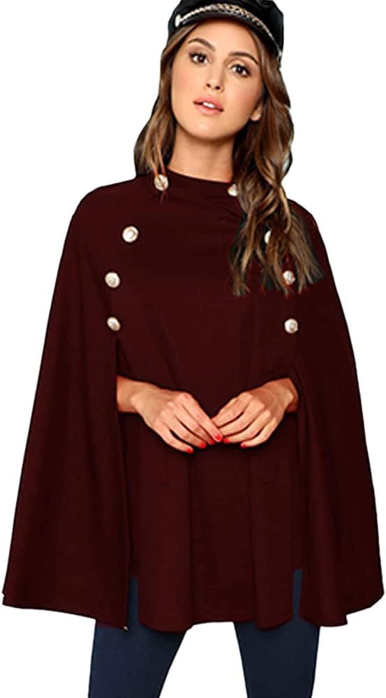 MAKEMECHIC Women's Button Front Cloak Sleeve Elegant Cape Mock Poncho Classy Plaid Print Cape Coa... | Amazon (US)