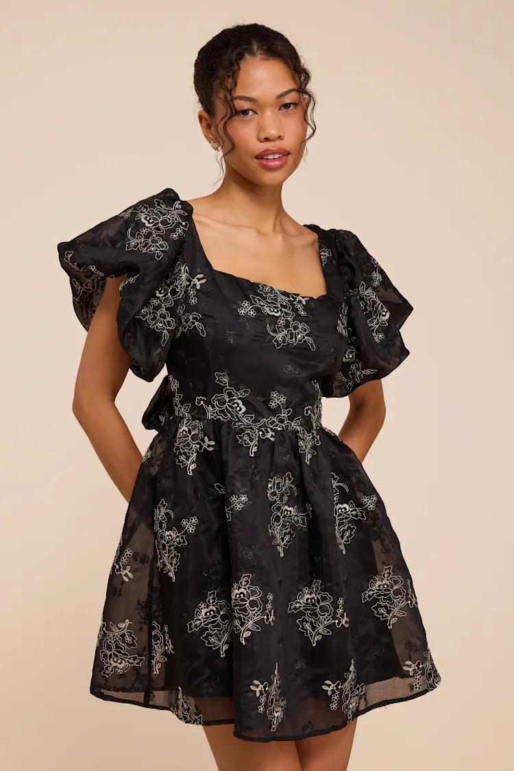 Cathaysa Black Embroidered Puff Sleeve Bow Mini Dress | Lulus