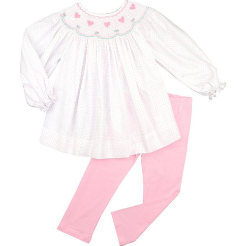 Pink Dot Pique Smocked Hearts Legging Set | Cecil and Lou