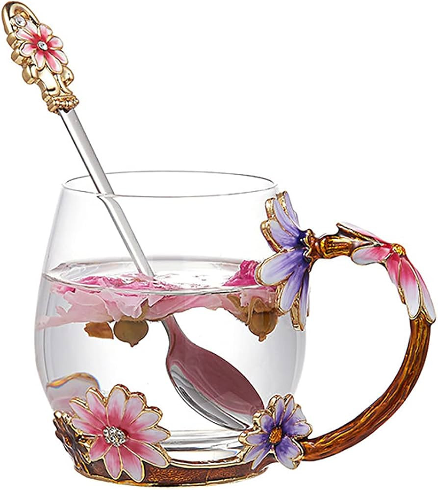Evecase daisy Flower Glass Mugs Tea Cup with Steel Spoon,Tea Lovers Gifts for Women,Wife,Mom,Fema... | Amazon (US)