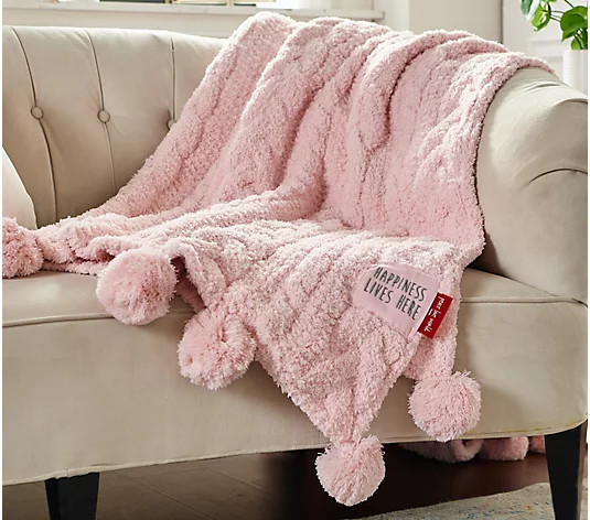 Peace Love World 60" x 70" Mega Luxe Cable Knit Throw with Pom-Poms - QVC.com | QVC
