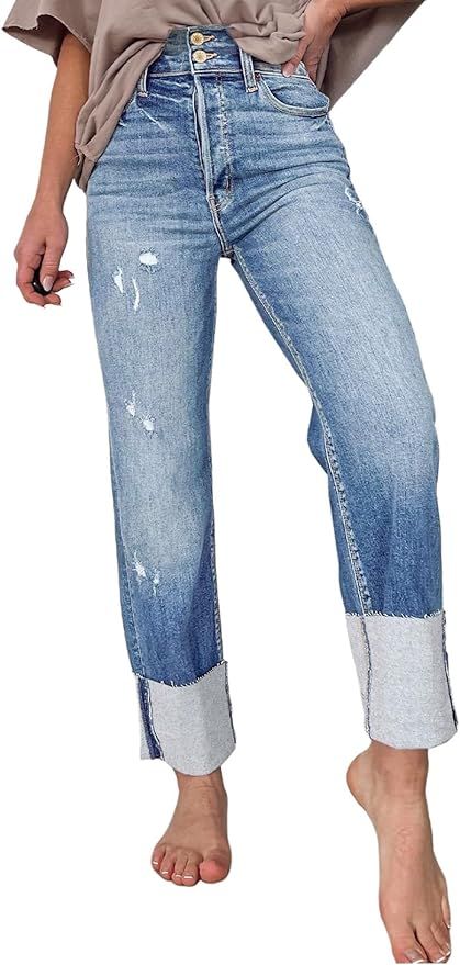 Sidefeel Women Cuffed Jeans High Waisted Boyfriend Straight Leg Denim Pants | Amazon (US)