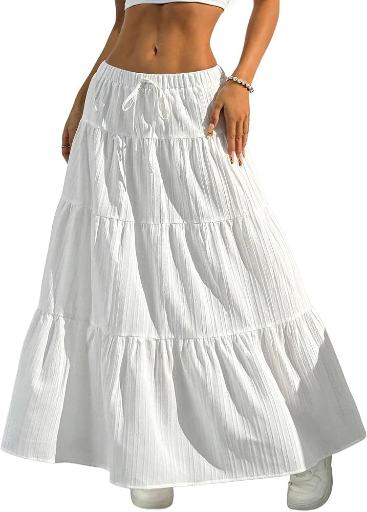 DERAX Women's Boho Flowy White Maxi Skirt Ruffle Elastic Waist Long Skirts | Amazon (US)