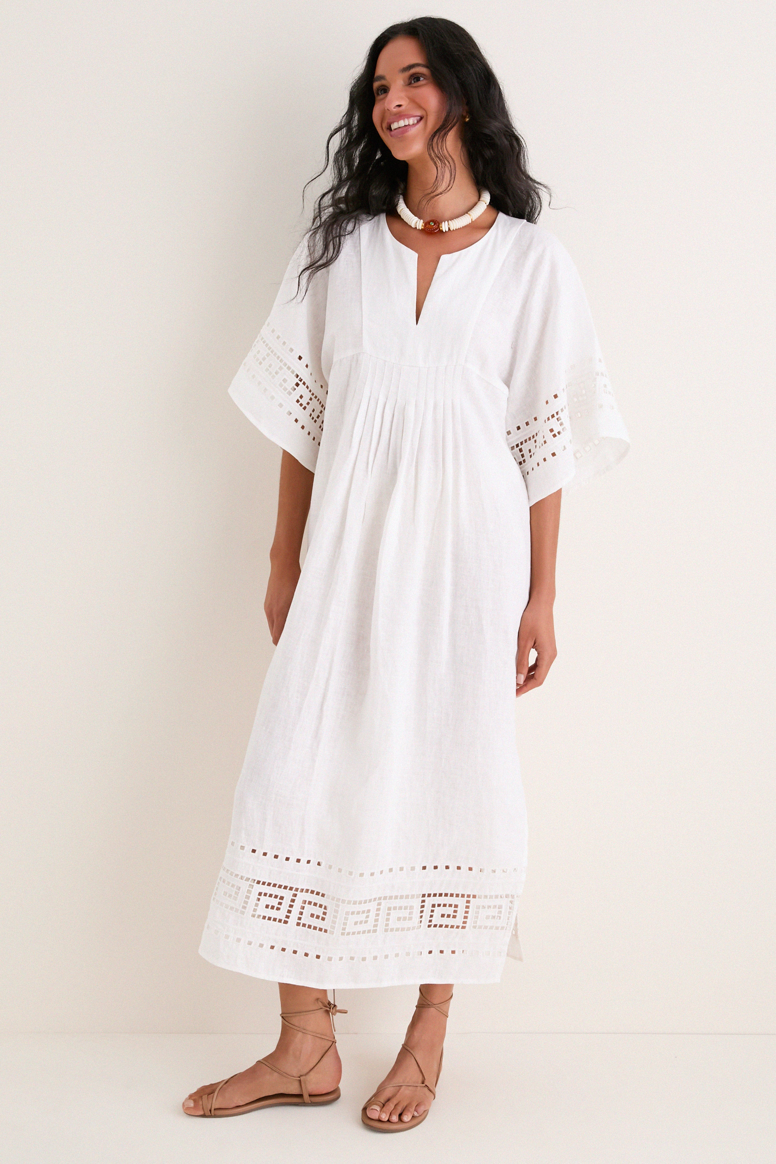 White Greek Key Embroidered Linen Adrianne Dress | Tuckernuck (US)