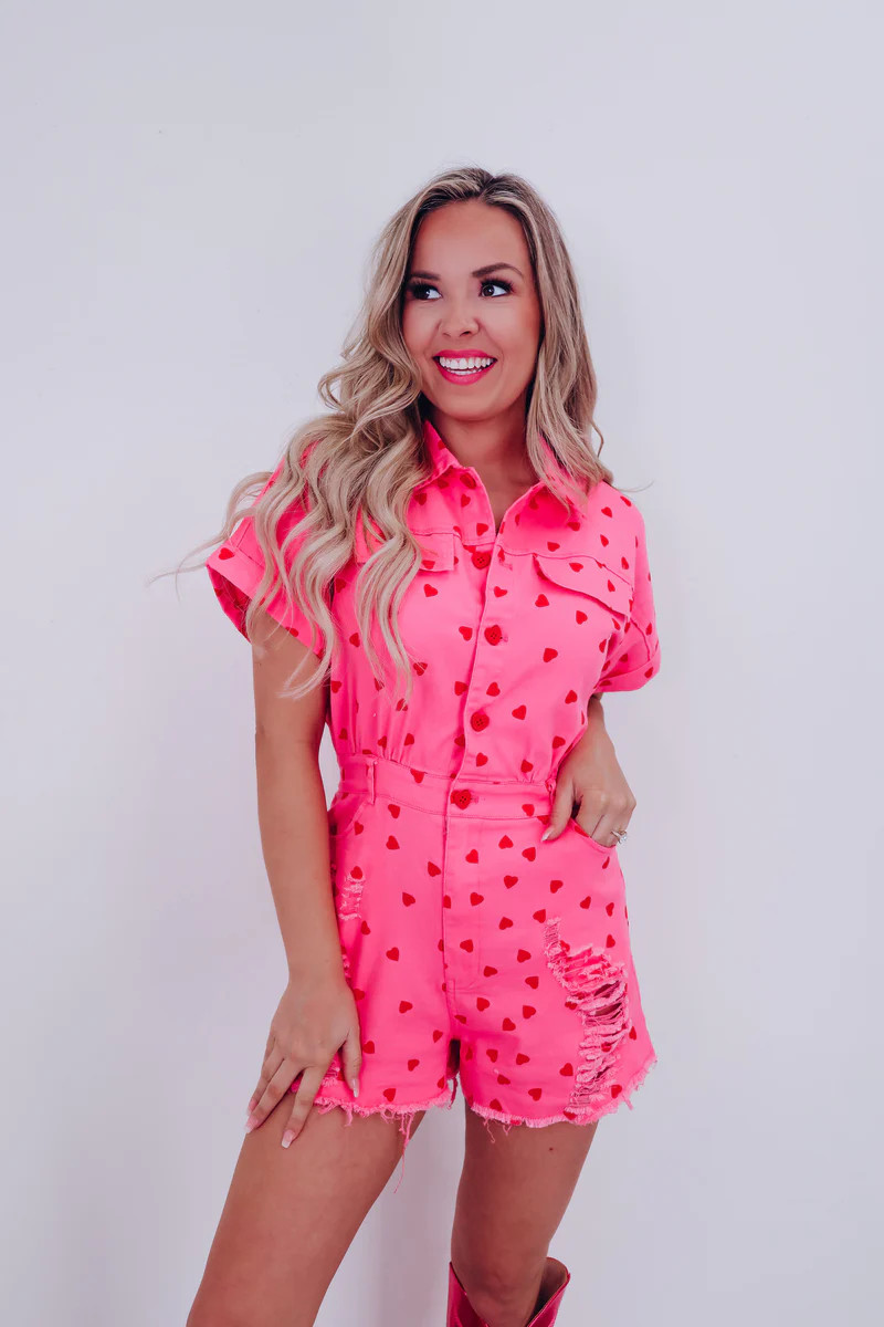 Passionate Heart Print Denim Romper | Whiskey Darling Boutique