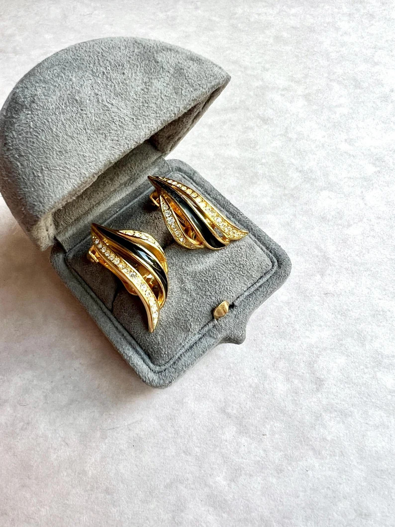 CHRISTIAN DIOR Vintage Designer Classic Gold Metal Setting Black Enamel Clear Rhinestones Abstrac... | Etsy (US)