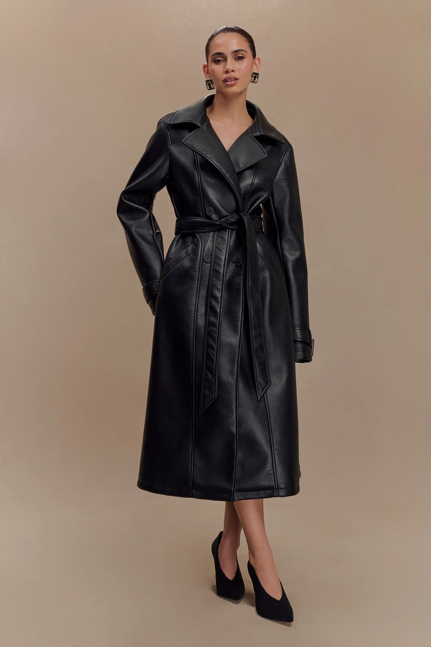 Faux Leather Trench Coat - Black | MESHKI US
