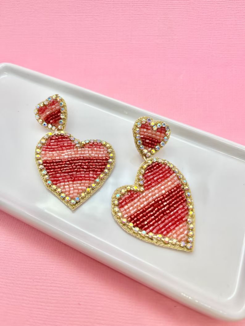 Asymmetrical Heart Beaded Earrings, Heart Earrings, Valentines Day Earrings, Valentines Day Gift,... | Etsy (US)