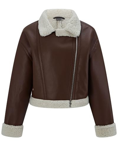WYOYW Women Faux Fur Leather Jacket Loose Sherpa Leather Jacket Cropped Fur Lined Shearing Coat Brown S | Amazon (US)