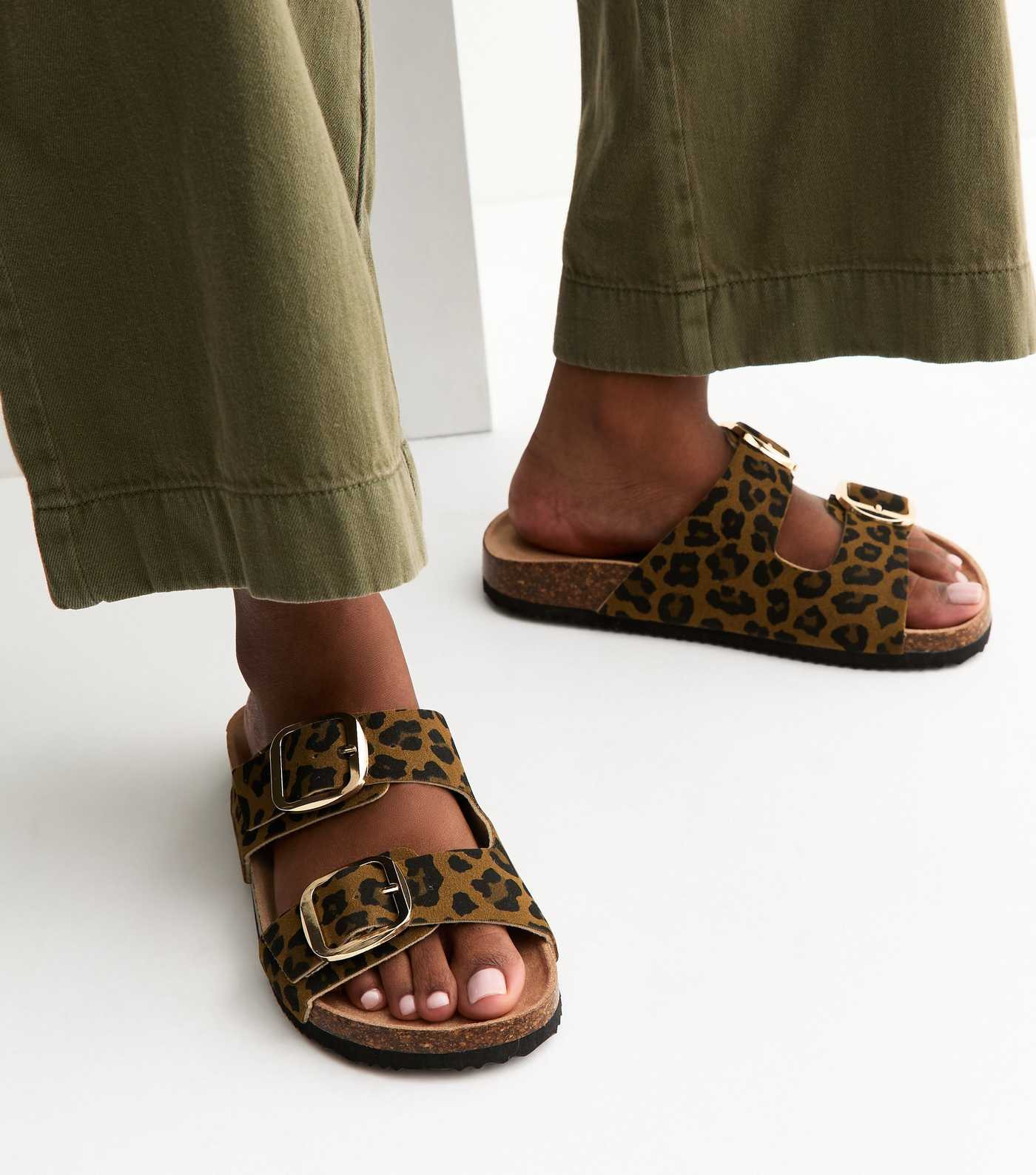 Extra Wide Fit Brown Leopard Print Cork Sole Double Strap Mule Sandals | New Look | New Look (UK)