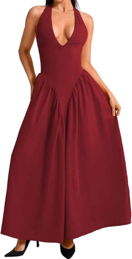 Deep V Neck Dress, Halter Maxi Dresses, Vacation Date Night, Sexy for Women Corset Flowy Wedding ... | Amazon (US)