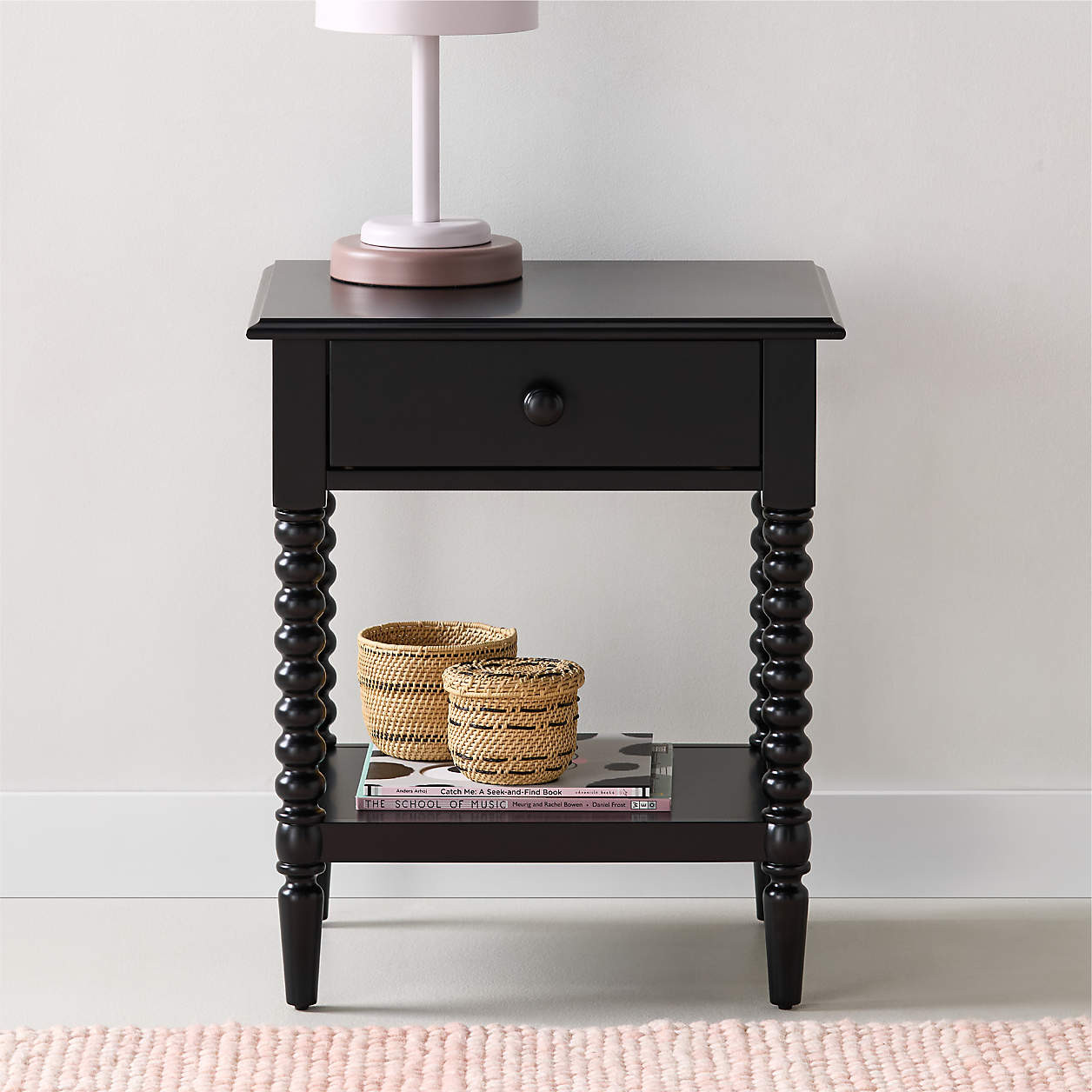 Jenny Lind Deep Brown Wood Spindle Kids Nightstand with Drawer + Reviews | Crate & Kids | Crate & Barrel