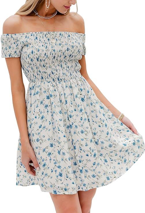 Miessial Women's Cute Off Shoulder Print Mini Dress Summer Casual Short Sleeve Swing Dress | Amazon (US)