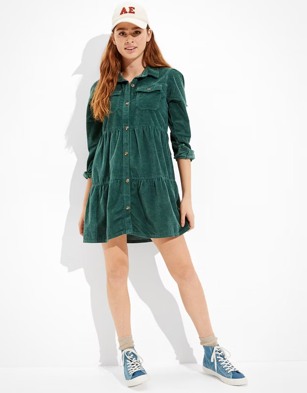 AE Corduroy Button-Up Babydoll Shirt Dress | American Eagle Outfitters (US & CA)