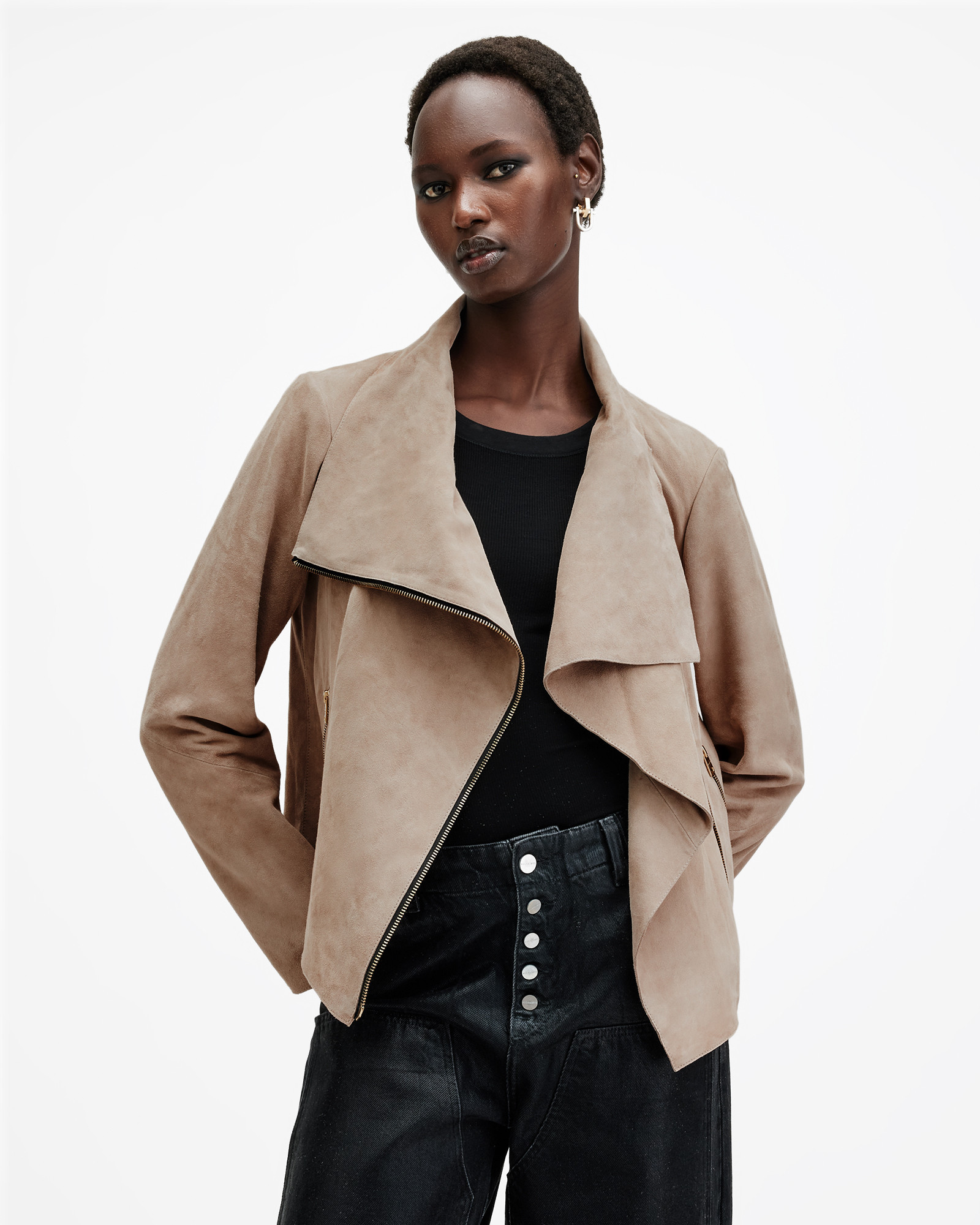 Freya Slim Fit Funnel Neck Suede Jacket | AllSaints US