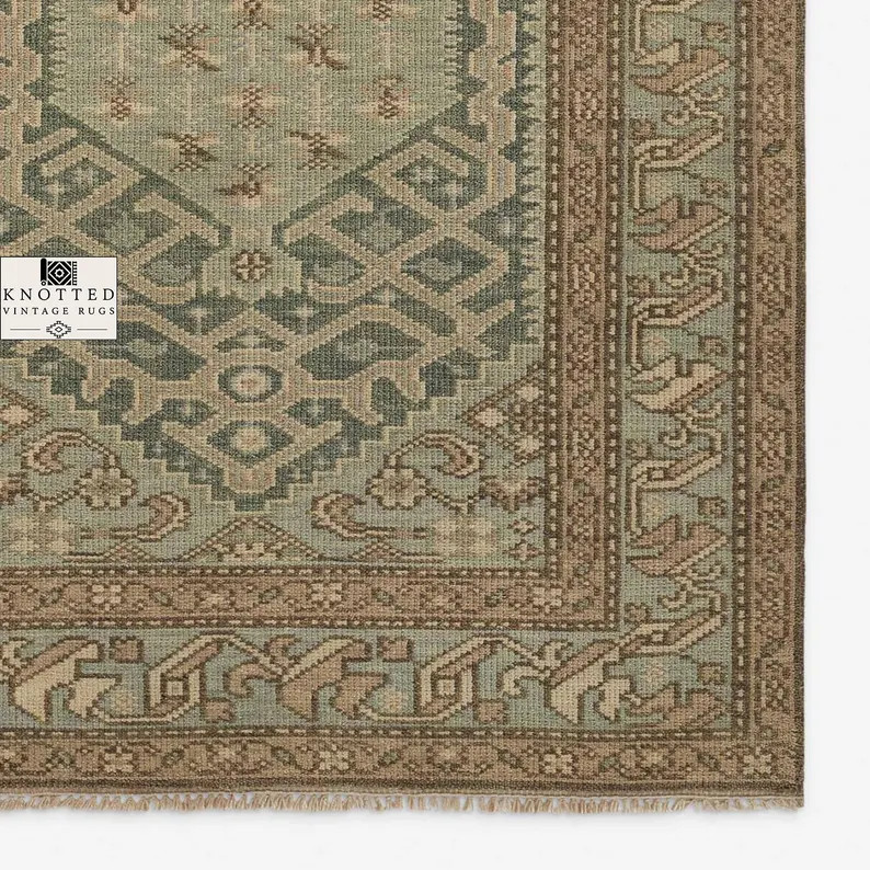 Hand Knotted Oushak Rug, Muted Sage Green Turkish Wool Area Rug | Etsy (Global)