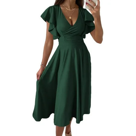 PRETTYGARDEN Women's Summer Midi Dress Ruffle Cap Sleeve V Neck Cocktail Party Swing A Line Fit and Flared Dresses | Walmart (US)