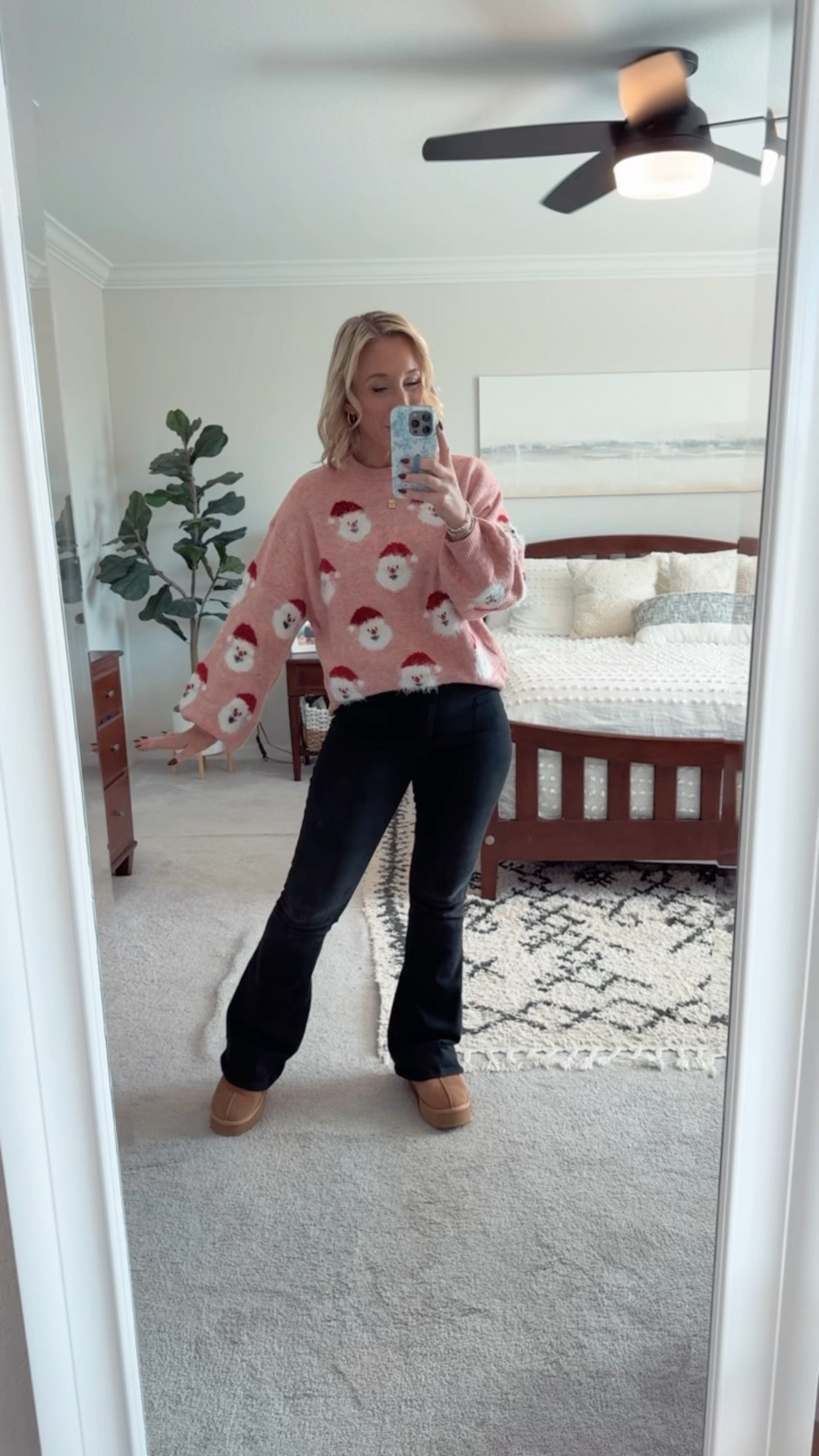 What I wore today🎅🏻🩷
• pink Santa sweater - size medium (I sized up for a roomy fit).
• jeans - size 4, regular length. So stretchy and I love the fit!
• platform slippers - size up if in between sizes (only comes in whole sizes) 

#LTKHoliday #LTKWatchNow #LTKSeasonal