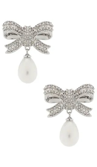 Crystal Bow Pearl Droplet Earrings in Silver | Revolve Clothing (Global)