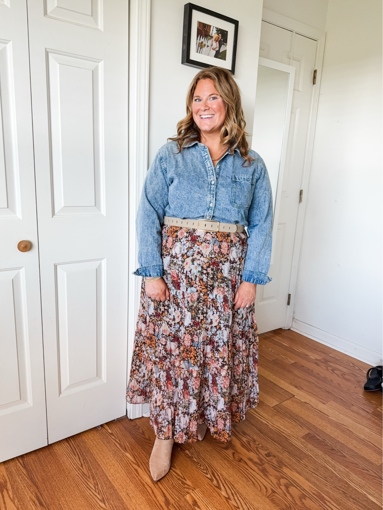 Wearing an XL in my floral maxi.  My denim shirt is older but I linked similar. Would be great for family photos!

#LTKMidsize #LTKSeasonal #LTKFamily