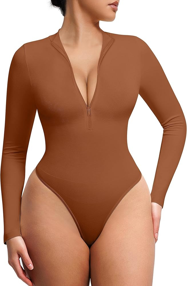 FeelinGirl Long Sleeve Bodysuit for Women Mock Turtle Neck Body Suits Zip Up Design Black Tummy C... | Amazon (US)