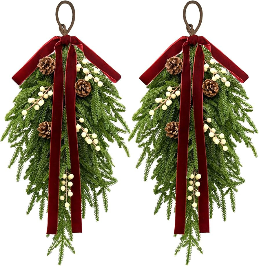 Christmas Teardrop Swag Decorations, 24'' Christmas Teardrop Wreath Artificial Pine Needle Berrie... | Amazon (US)