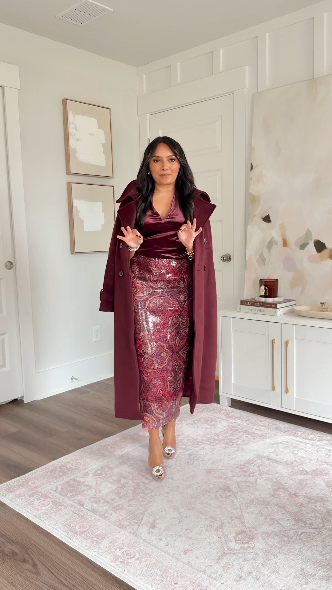 Red wine burgundy wool trench coat size xs petite TTS
Plum velvet top size xxs regular TTS
Sequin paisley skirt size 2 regular - a little big in the waist but I wanted the skirt to more full length!
Clear rhinestone heels size 5, similar linked



#LTKHoliday #LTKSaleAlert #LTKPetite
